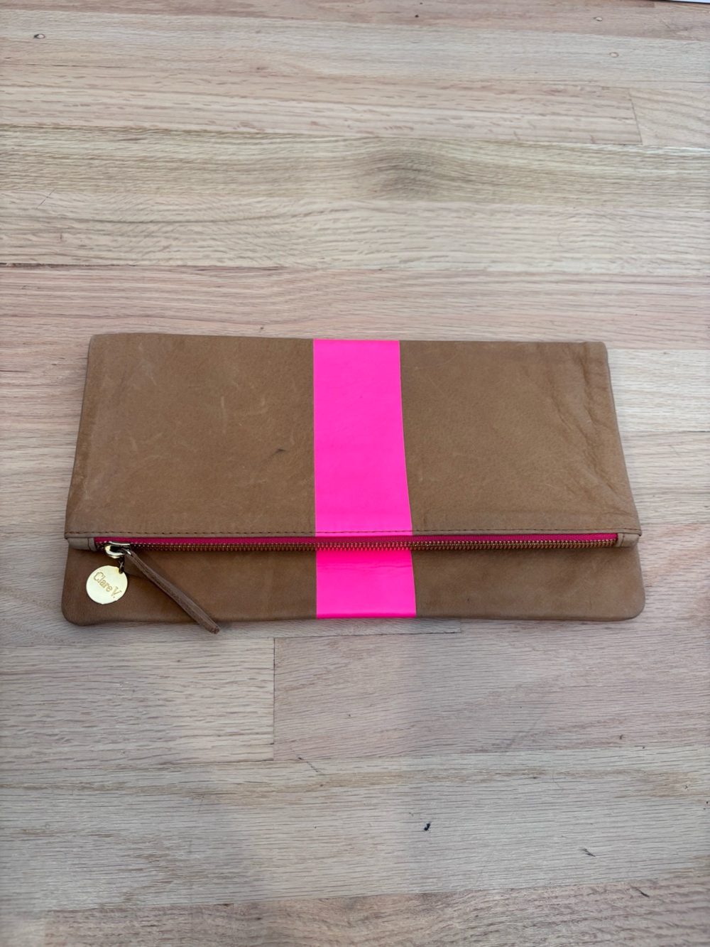 Clare V. Flat Clutch in Camel & Neon Pink